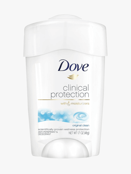 Dove Clinical + Care Antiperspirant Stick in branded component on a light gray background